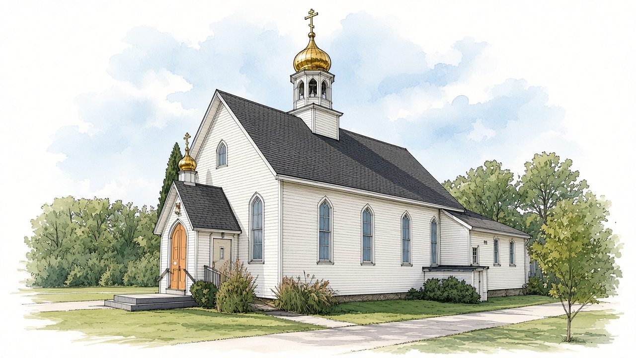 Watercolour-style concept drawing of the white wooden church with a belfry and gold cupola on the roof and a small gold cupola over the entrance